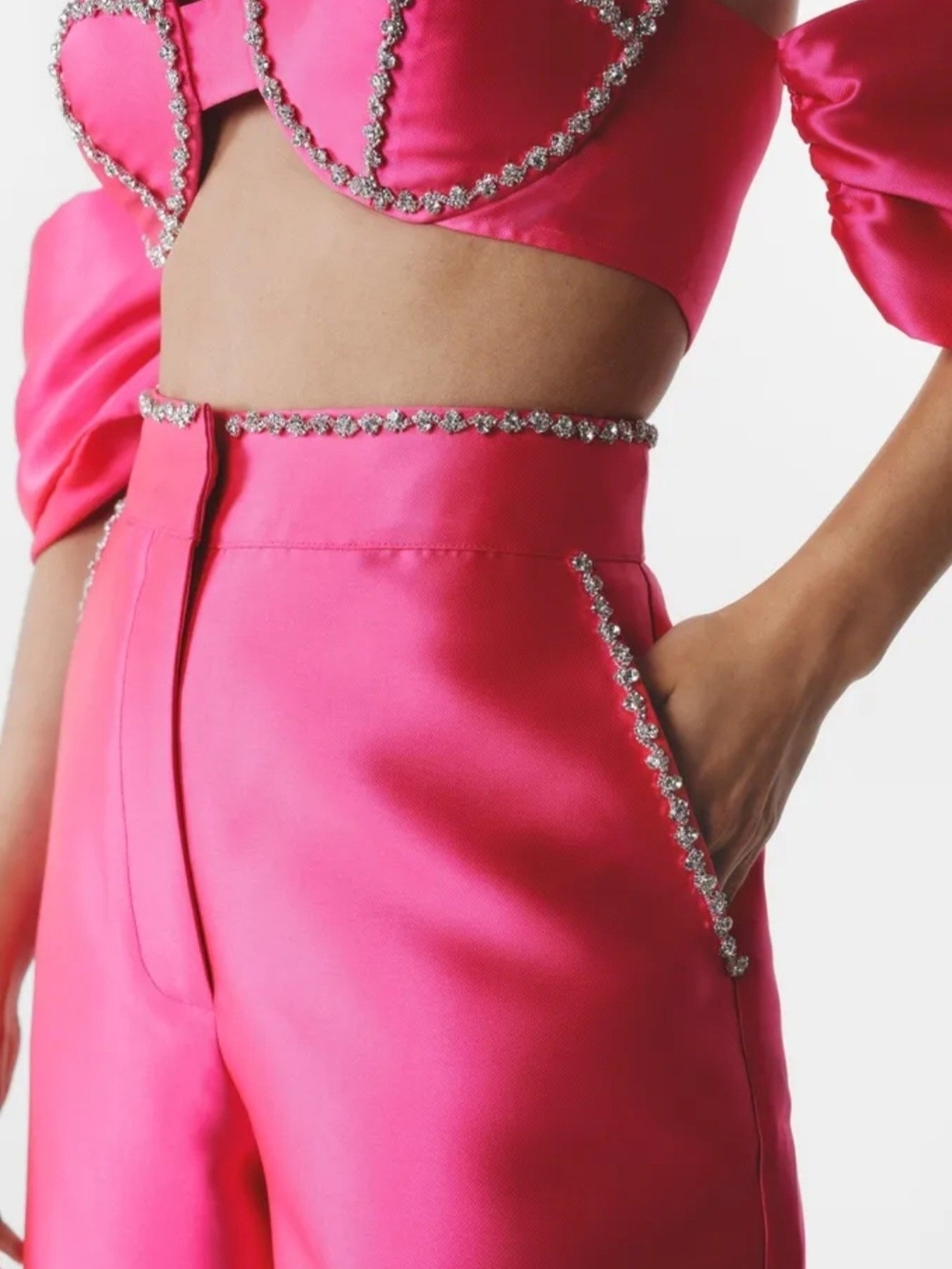 Nasty Gal Hot Pink Satin Wide Leg Pants with Rhinestone Trim Set